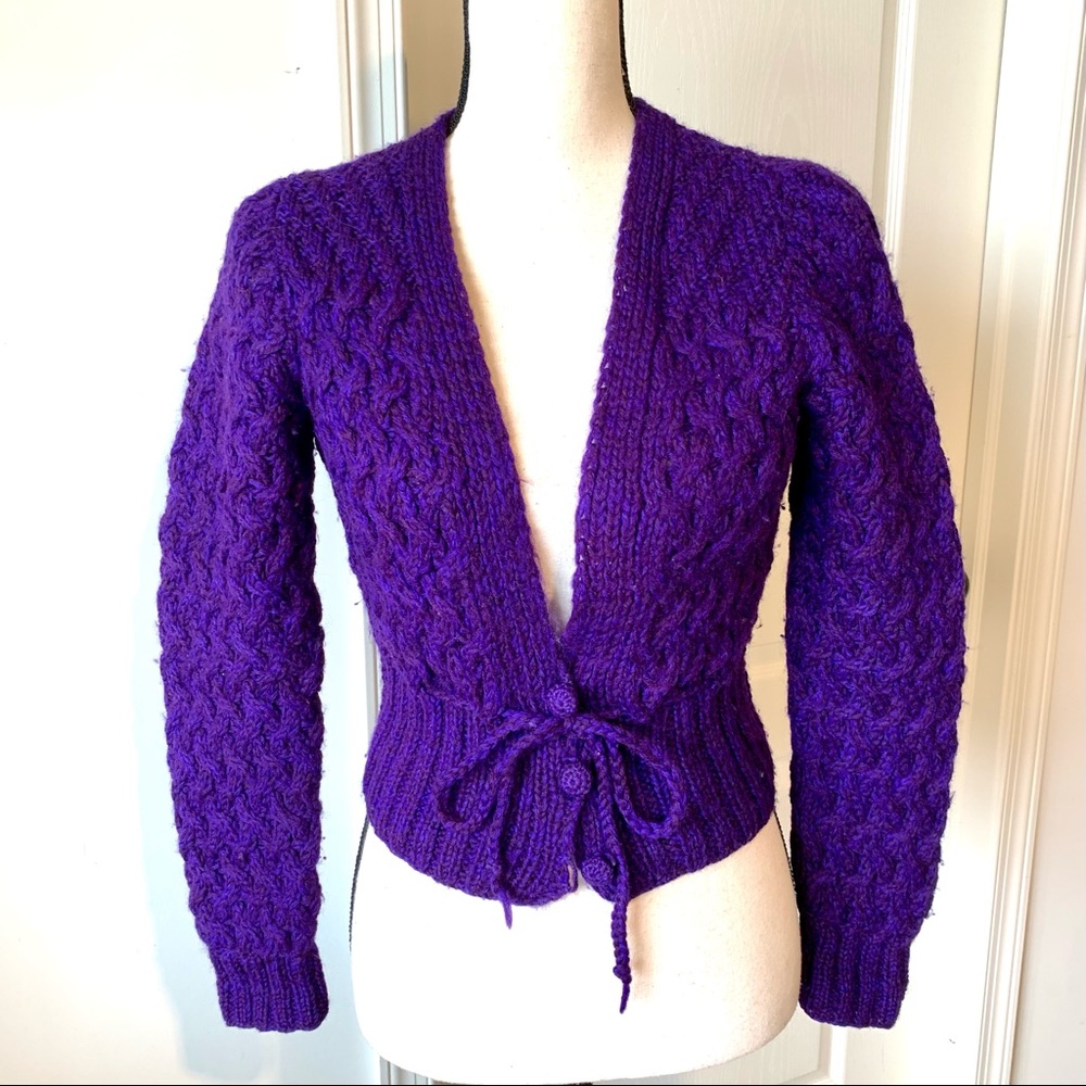 Vintage RAFIQUE 100% Wool V-Neck Woven Cardigan Sweater—SZ. Small